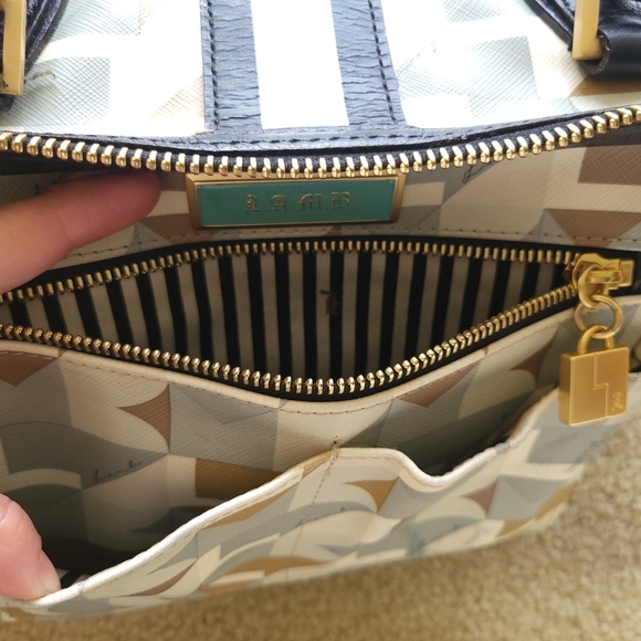 L.A.M.B. Bowling bag Blue and Cream Geometric Satchel with Navy Accents - Picture 4 of 12